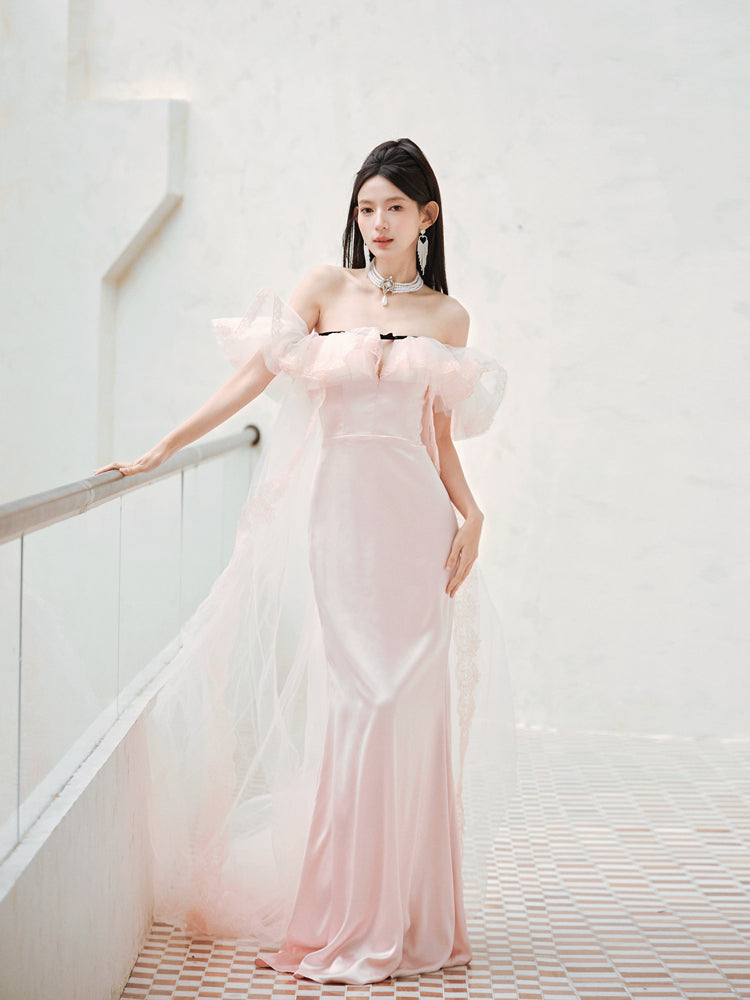 Dollytang Jocelyn Ruffle V Neck Satin Maxi Dress