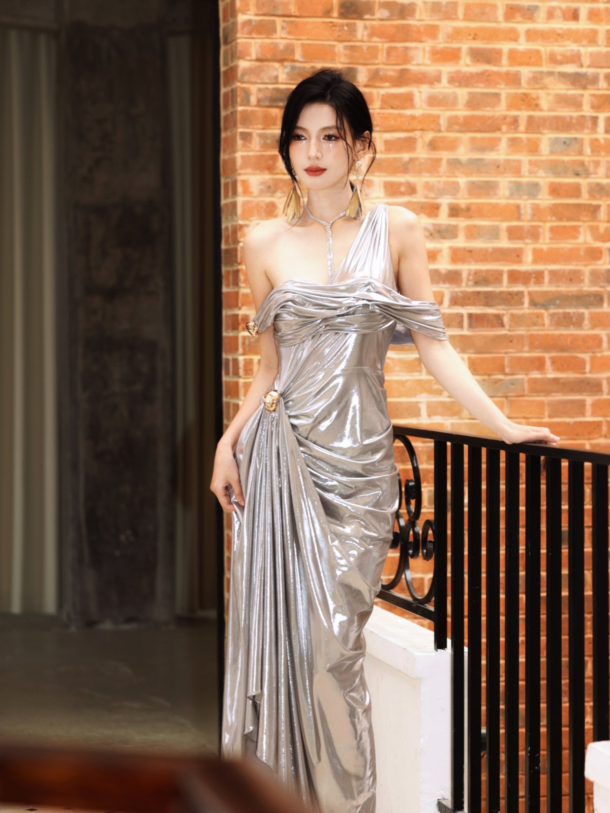 metallic draped one shoulder grecian dress Mac Duggal Metallic Draped One Shoulder Grecian Dress