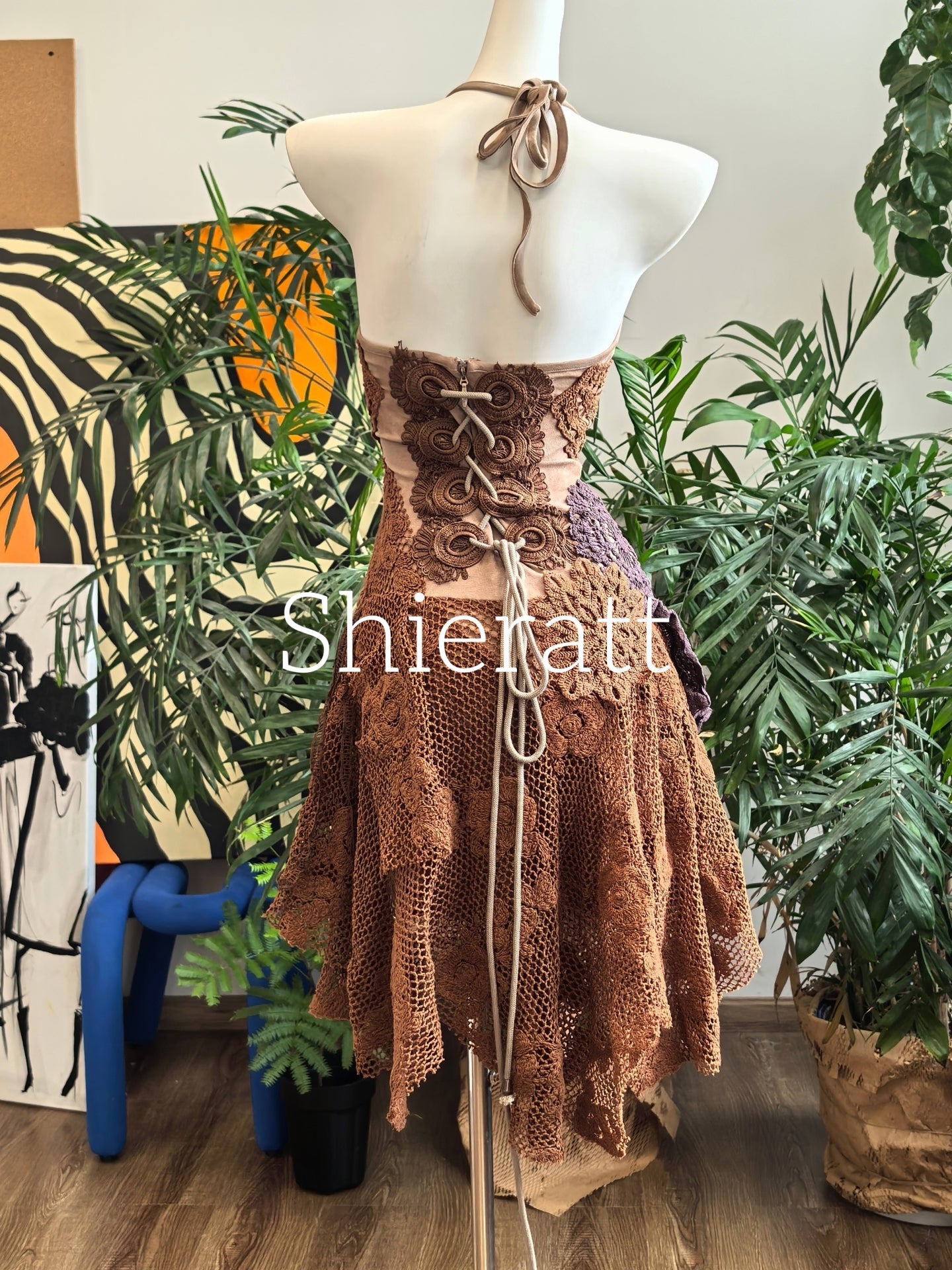 Shieratt Clarence Halter Neck Embroidery Knit Hollow Mini Dress