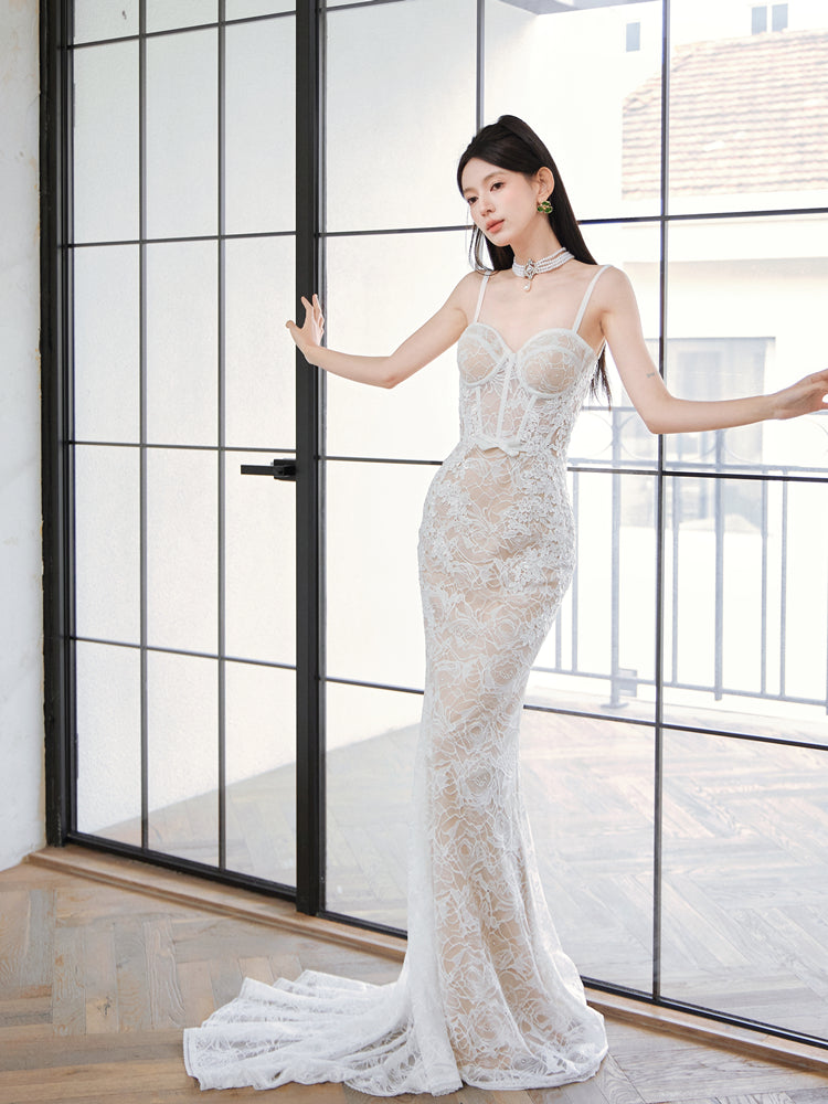 embroidered lace maxi dress 66371: Allover Embroidered Lace Fit and Flare Gown with Long Sleeves