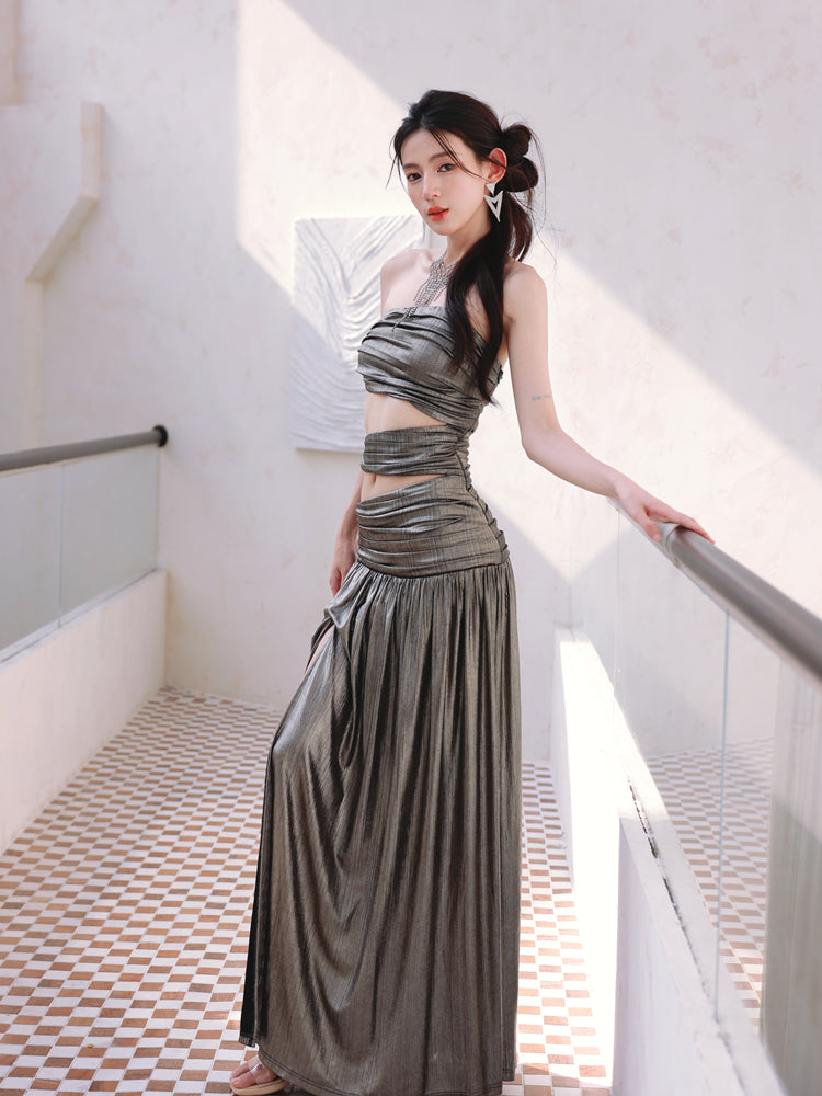 Dollytang Astrid Metallic Strapless Cut-Out Gathered Warp Split Maxi Dress