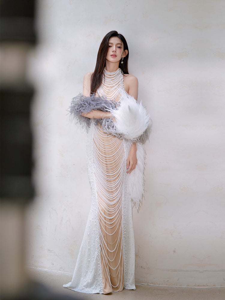 【美品】etoll. エトル　Cutout mermaid dress Dollytang Addie Halterneck Pearl Embellished Mermaid Maxi