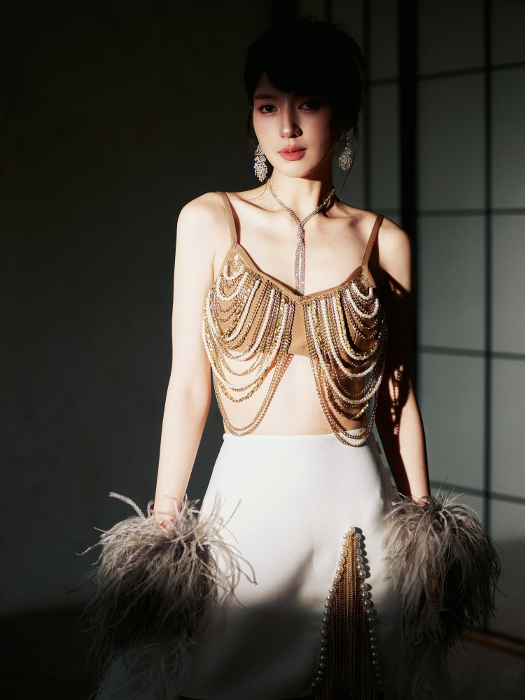 Dollytang Blanche Pearl Fringe Chain Beaded Skirt Set