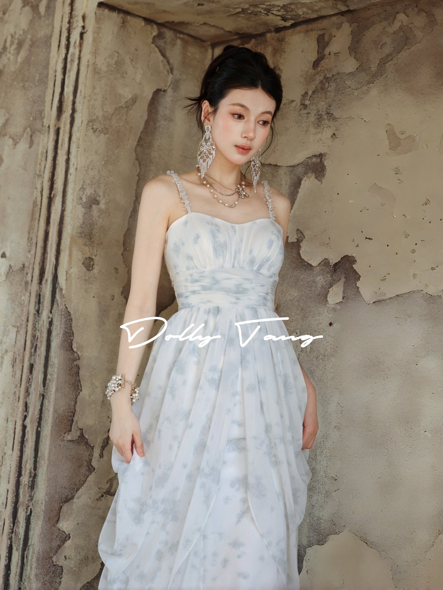 Bruma Rhinestone Strap Ruched Waist Flowy Formal Gown