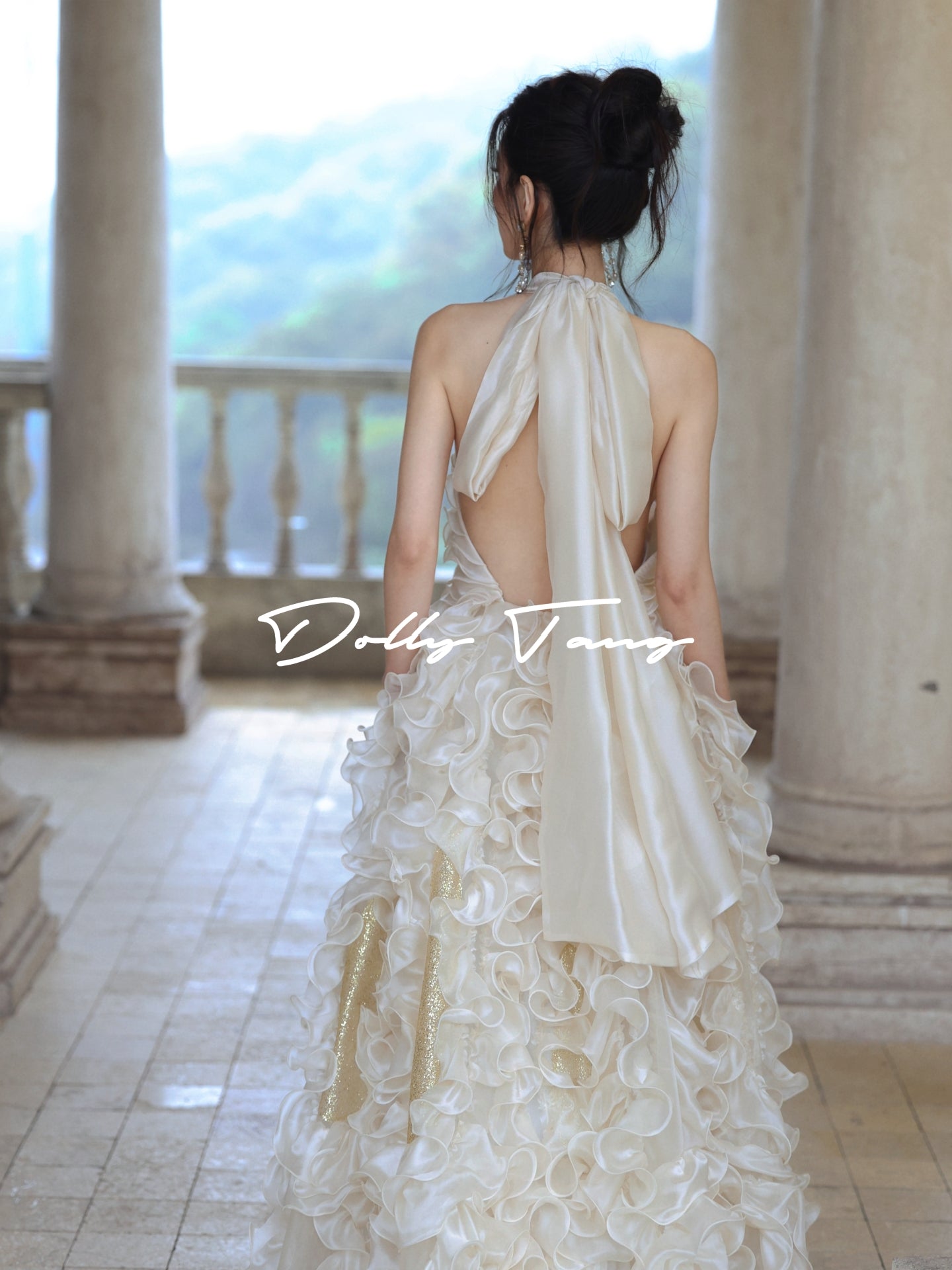 Puff Organza 3D Ruffle Open Back Evening Dress